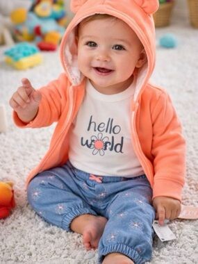 Gymboree 3-Piece Set Girls 6-12 M Coral Hoodie + Bodysuit + Floral Jeans